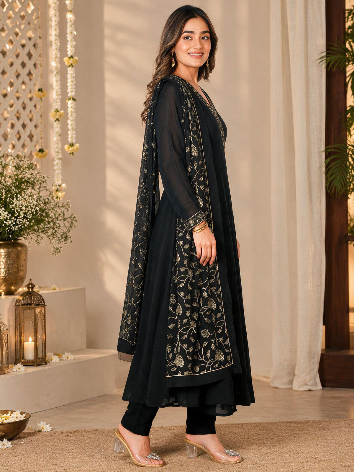 Embroidered Solid Black Dupatta