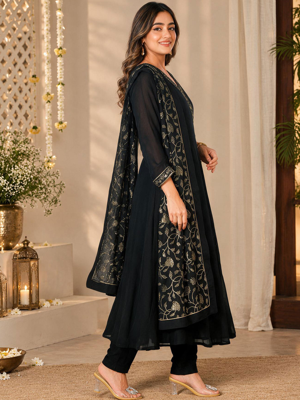 Embroidered Solid Black Dupatta