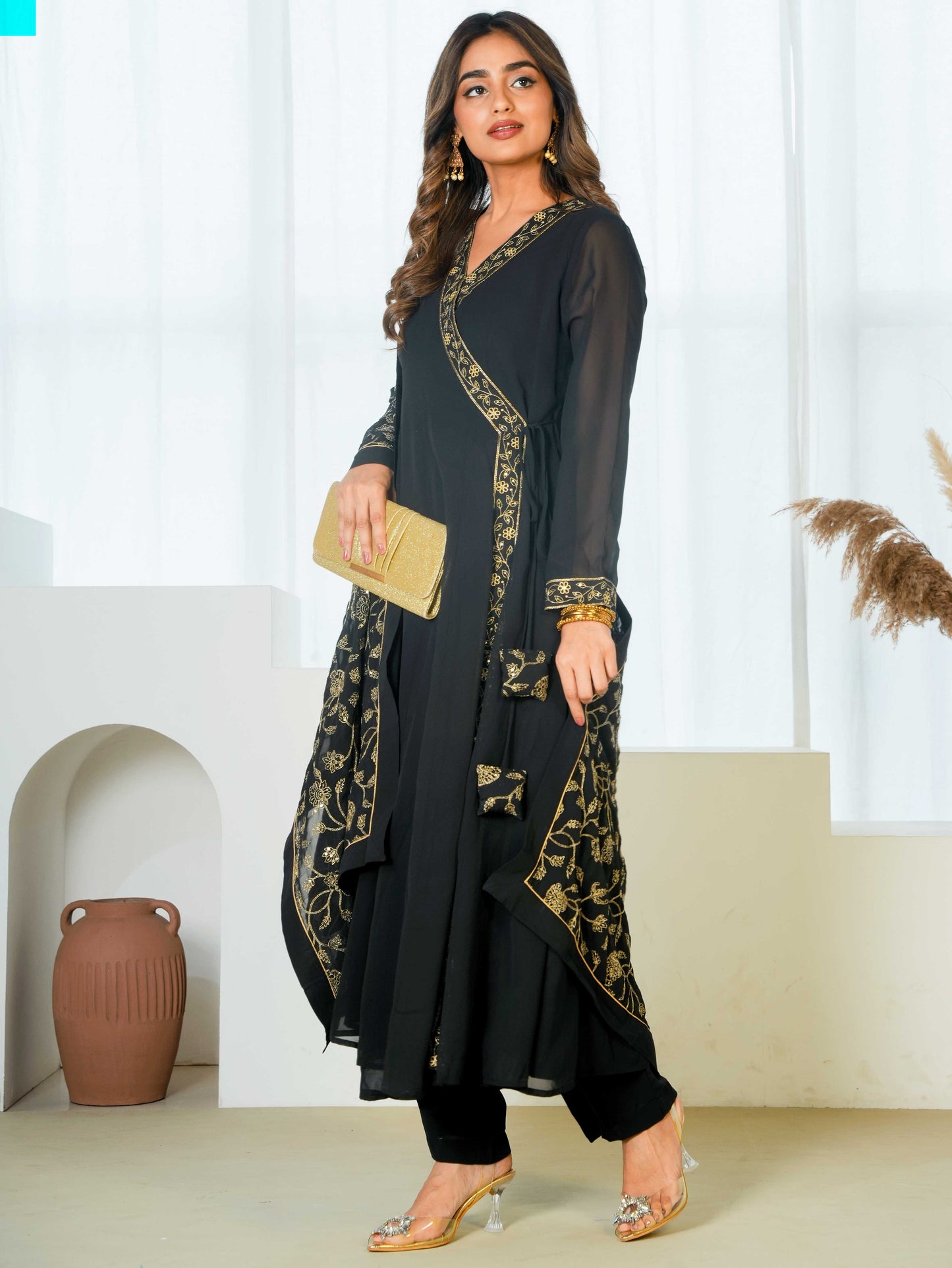 Embroidered Georgette Solid Black Straight Kurta