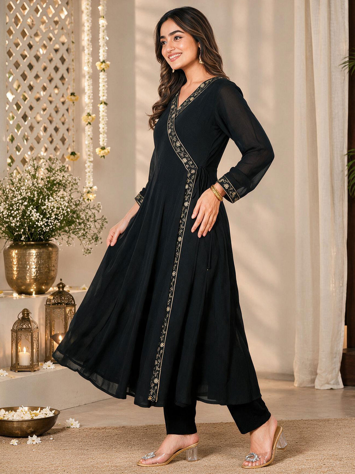 Embroidered Georgette Solid Black Anarkali Kurta