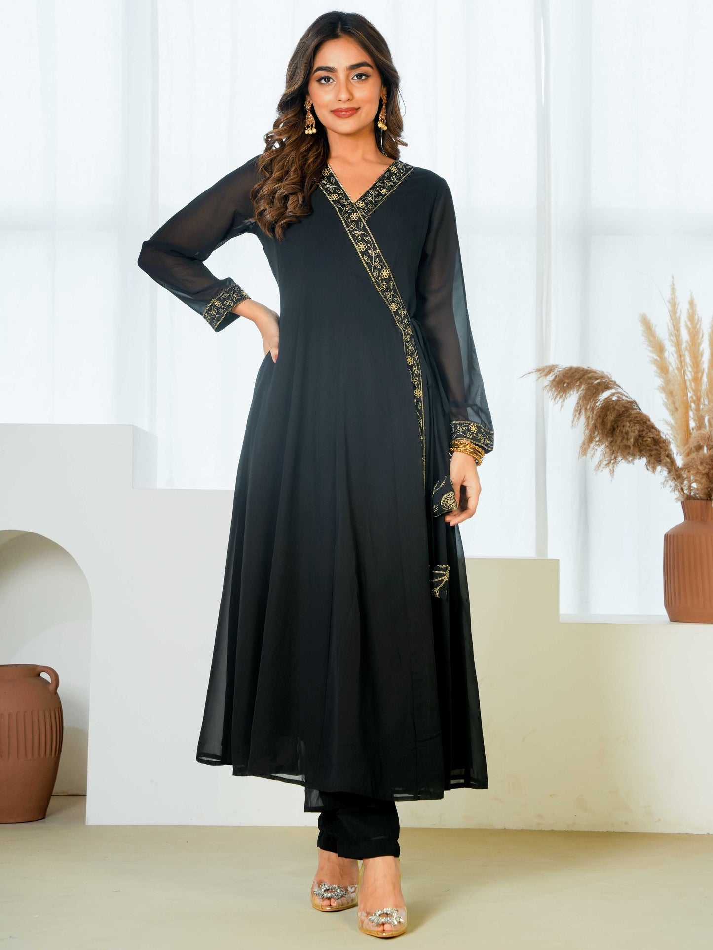 Embroidered Georgette Solid Black Straight Kurta