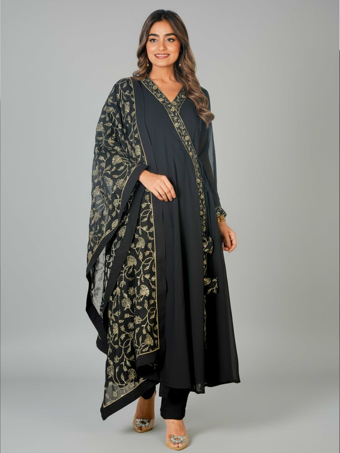 Embroidered Georgette Solid Black Straight Kurta