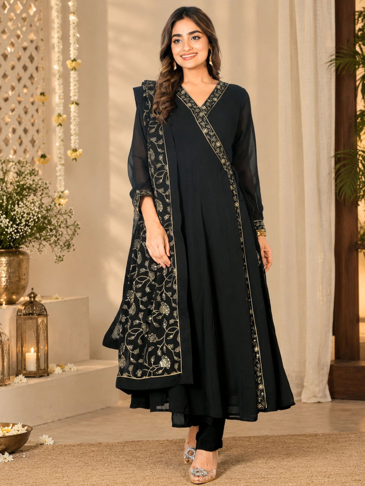 Embroidered Georgette Solid Black Anarkali Kurta