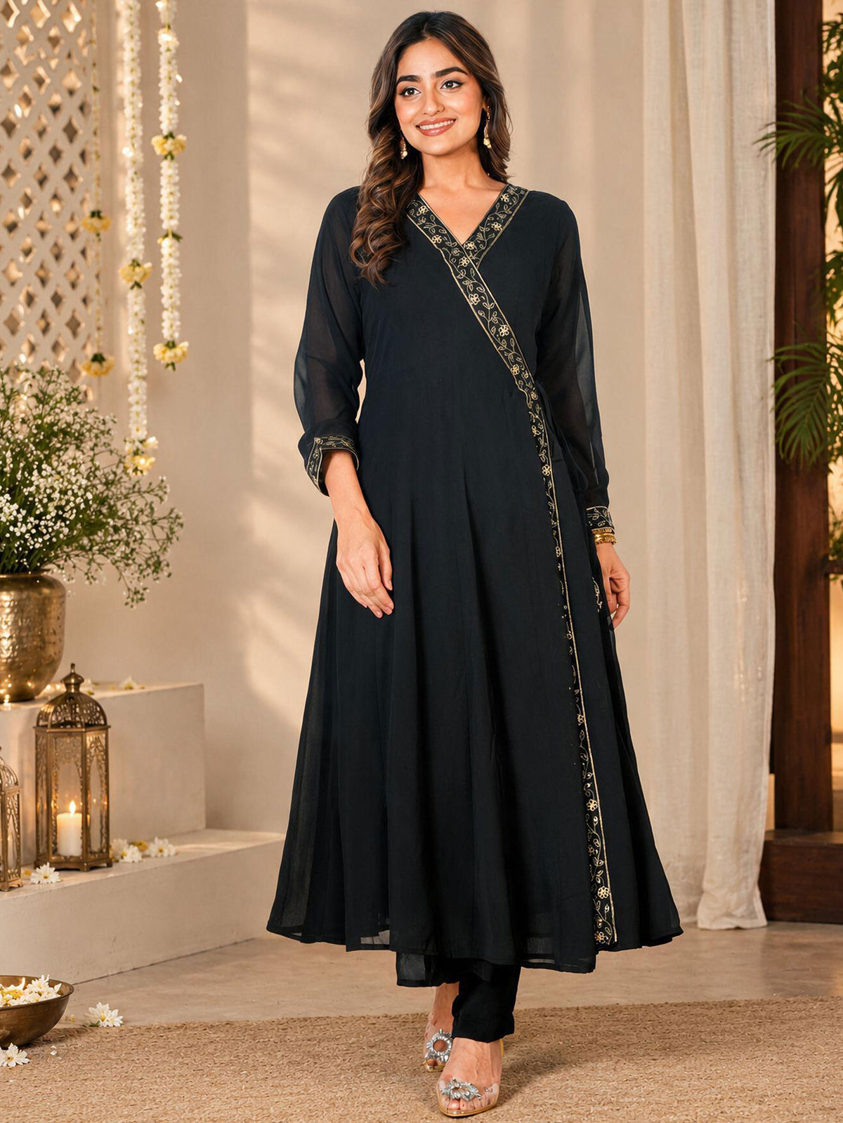 Embroidered Georgette Solid Black Anarkali Kurta