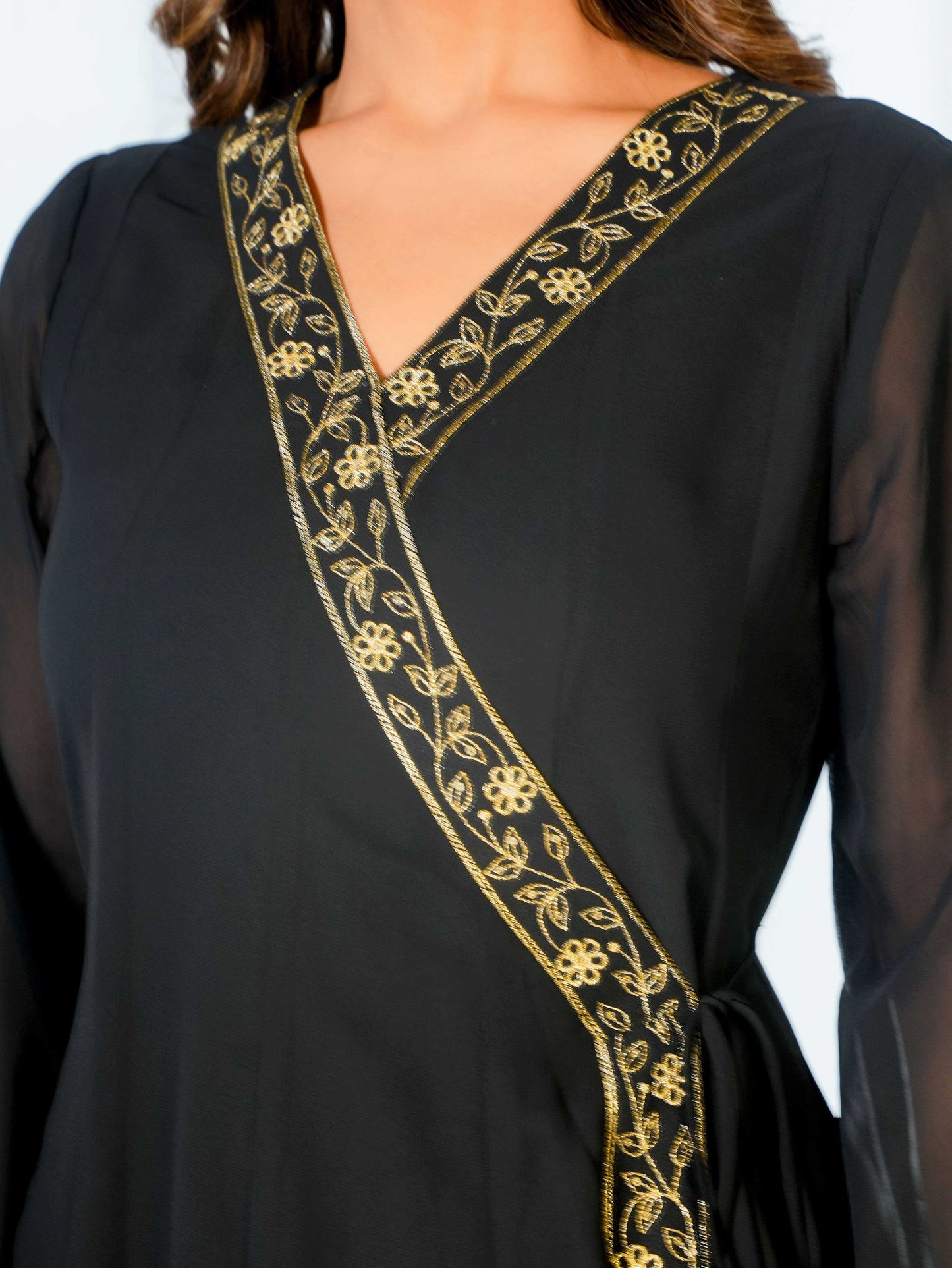 Embroidered Georgette Solid Black Straight Kurta