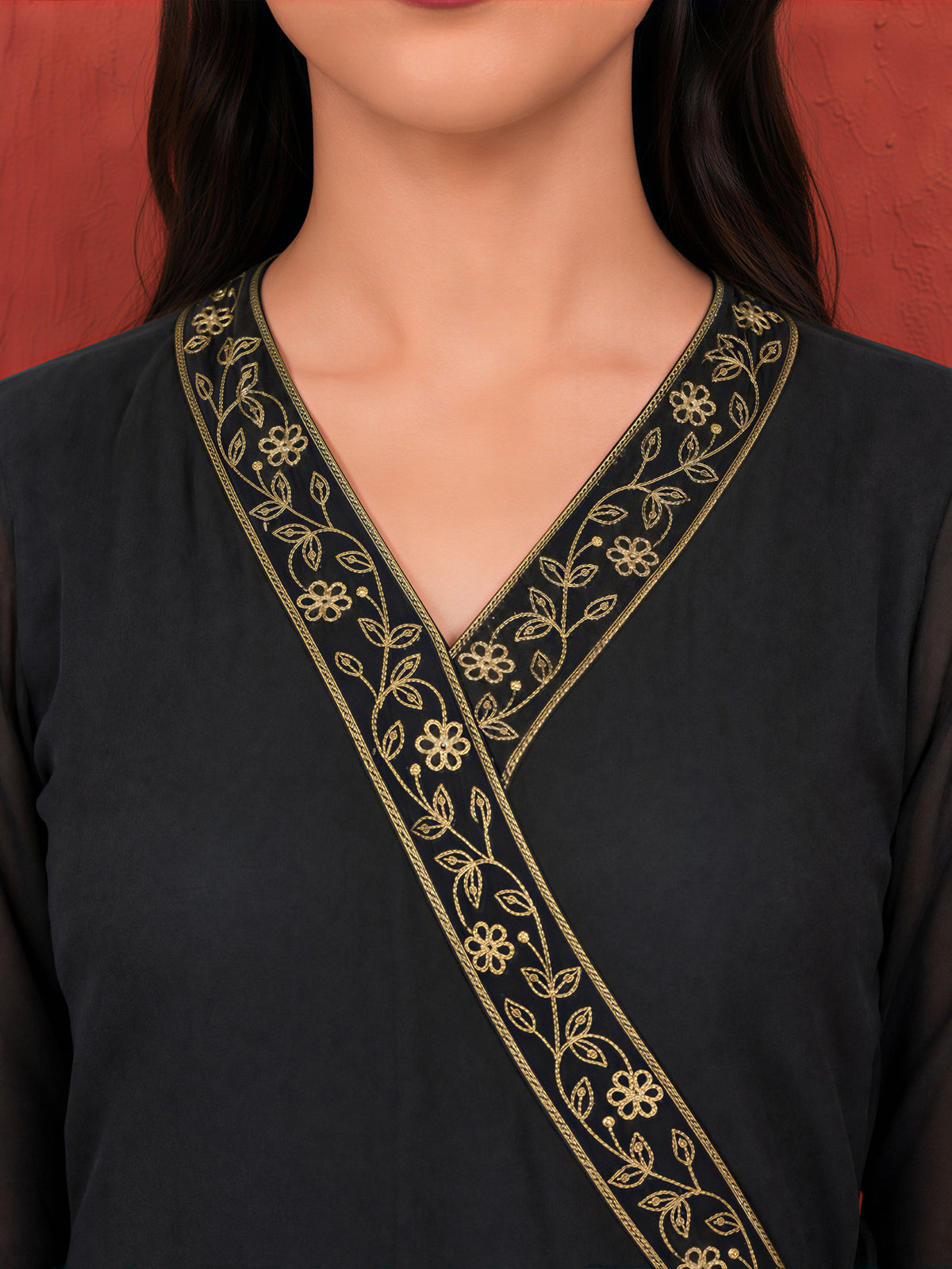 Embroidered Georgette Solid Black Anarkali Kurta