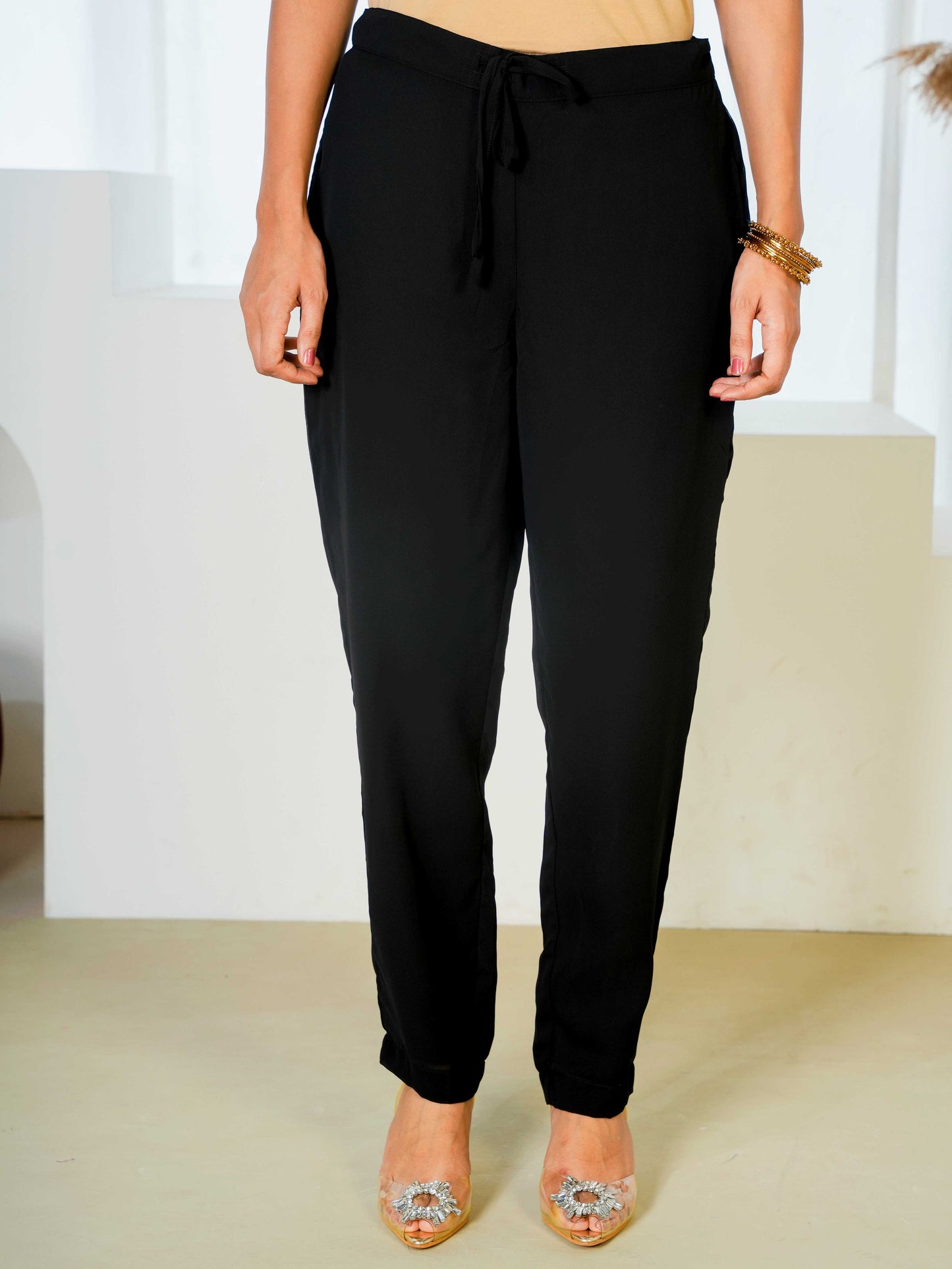 Embroidered Georgette Solid Black Straight Kurta