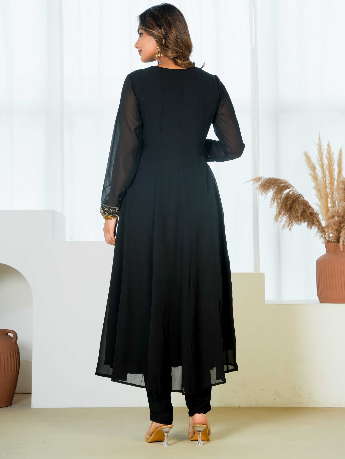 Embroidered Georgette Solid Black Straight Kurta