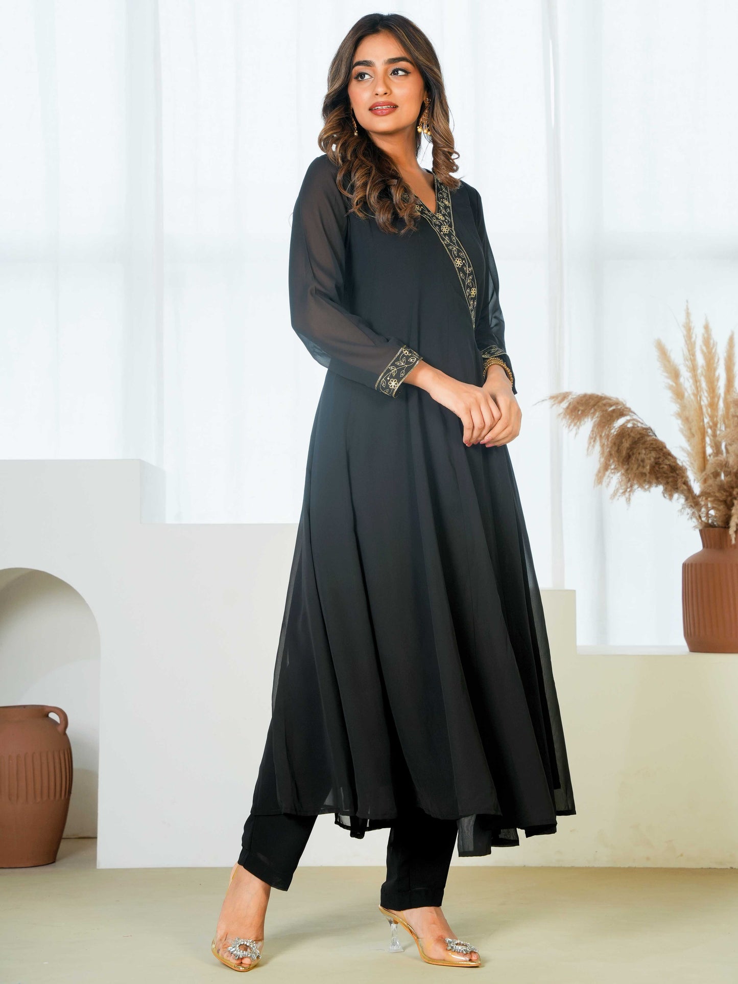 Embroidered Georgette Solid Black Straight Kurta