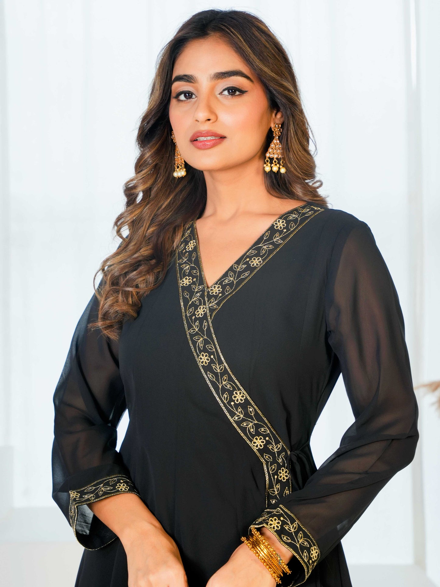 Embroidered Georgette Solid Black Straight Kurta