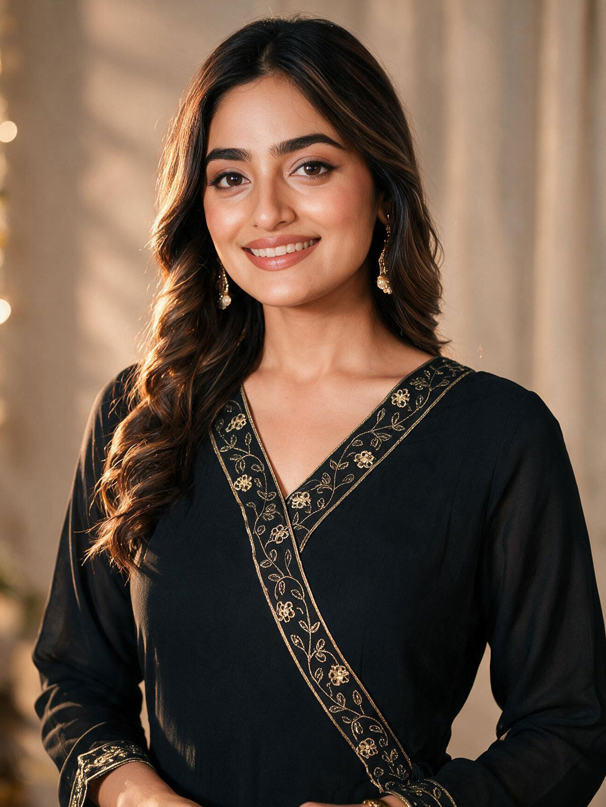 Embroidered Georgette Solid Black Anarkali Kurta