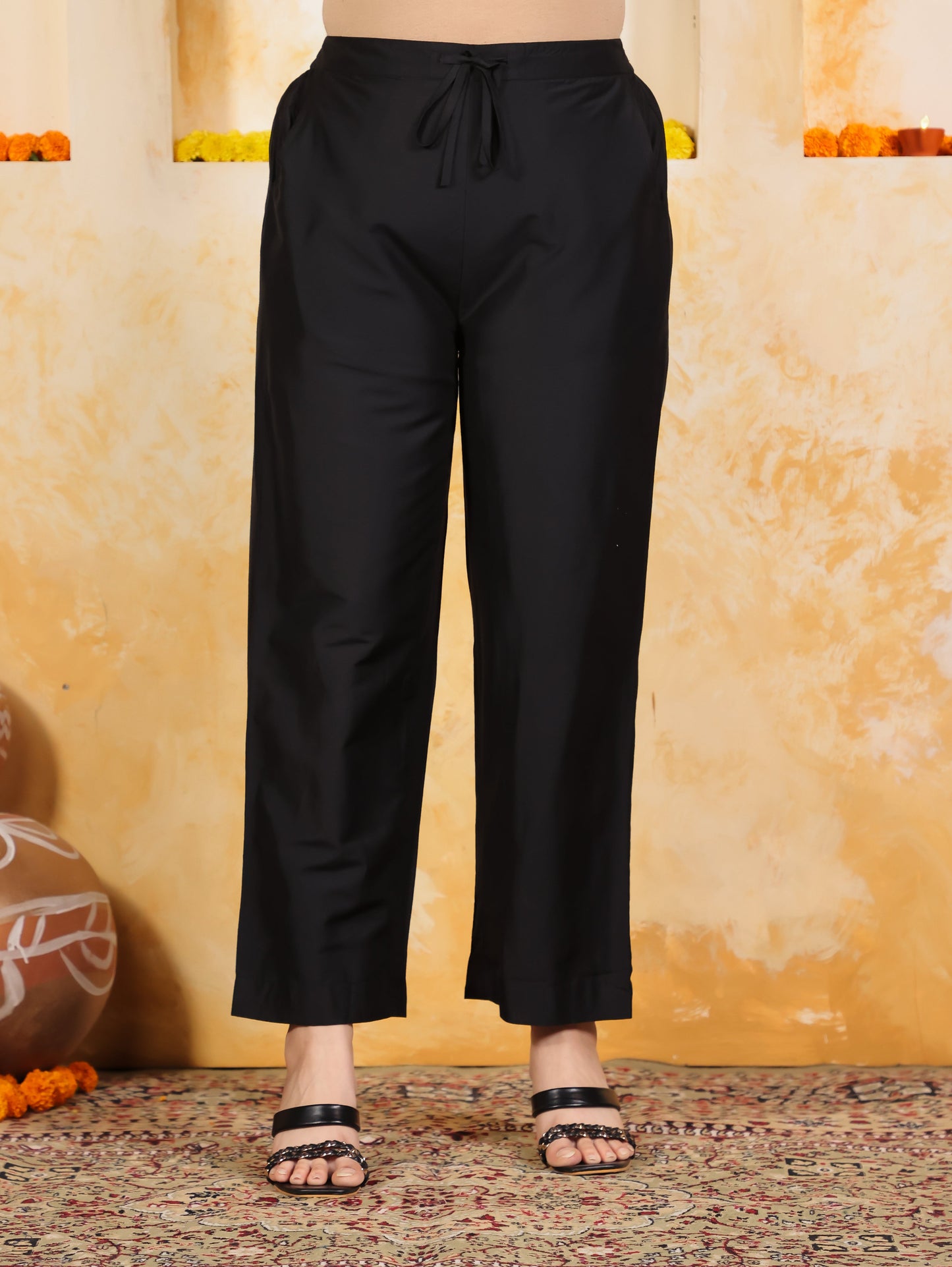 Blended Silk Solid Black Straight Trousers