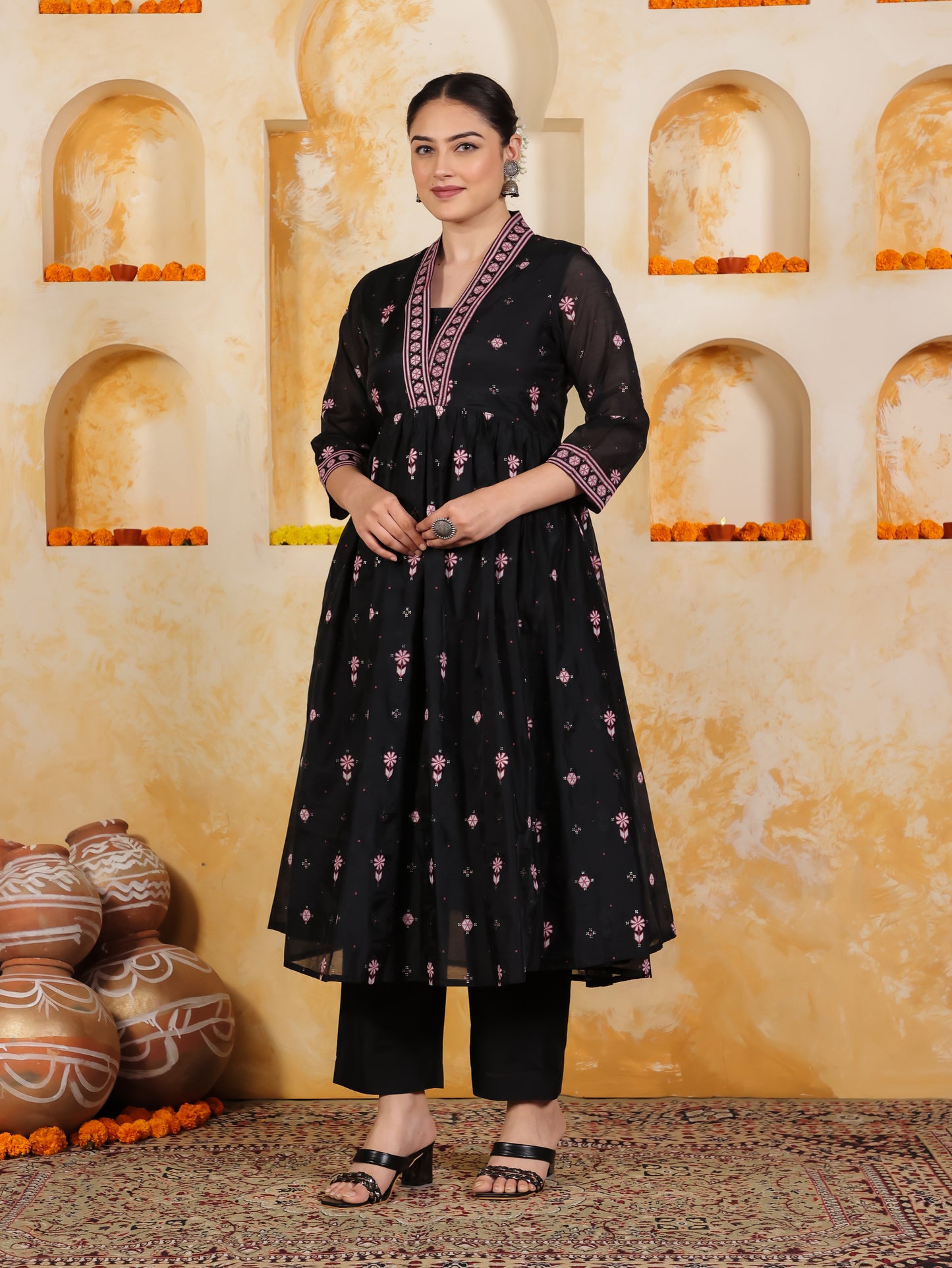 Poly Chanderi Geometric Anarkali Black Kurta