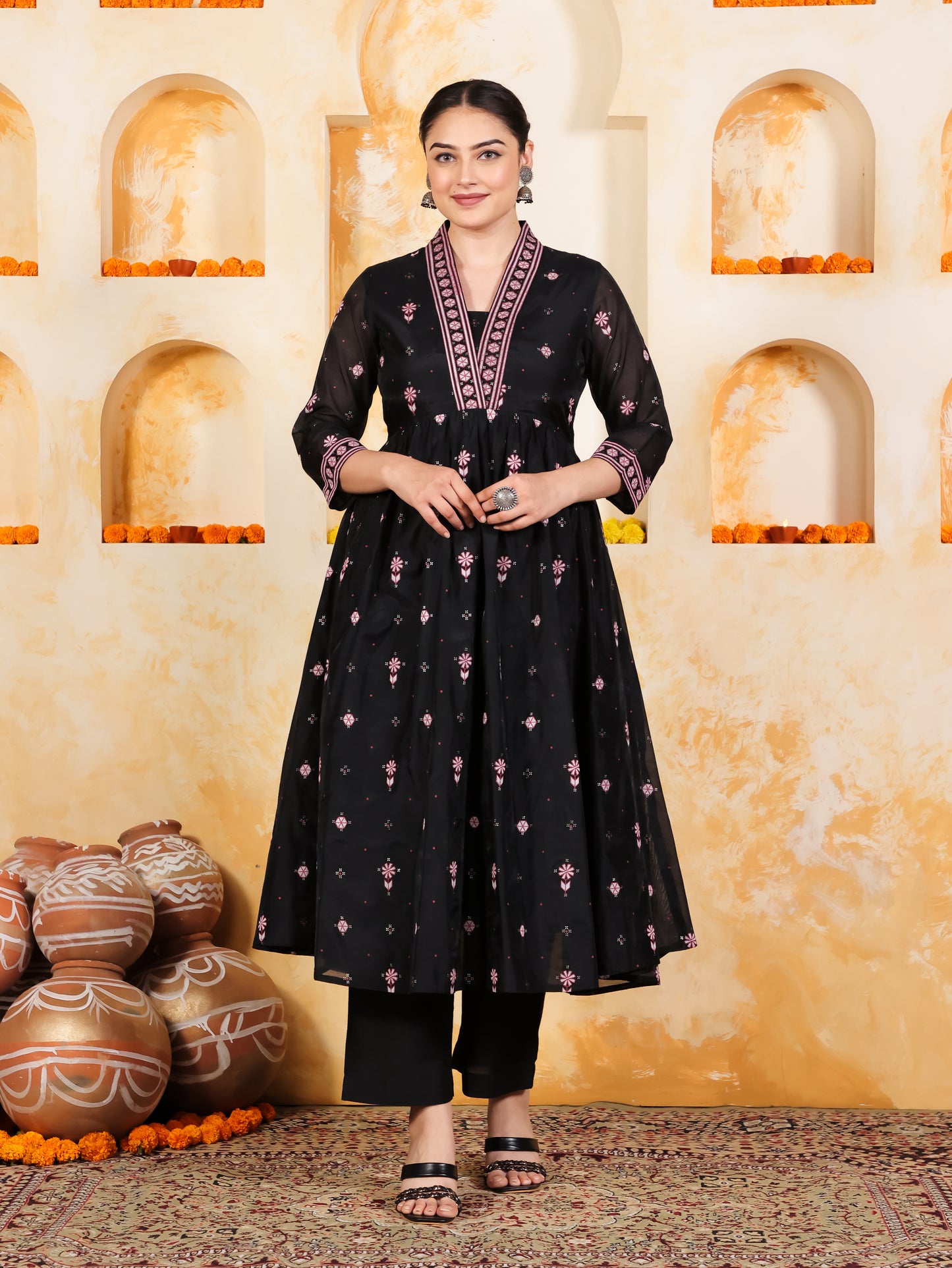 Poly Chanderi Geometric Anarkali Black Kurta