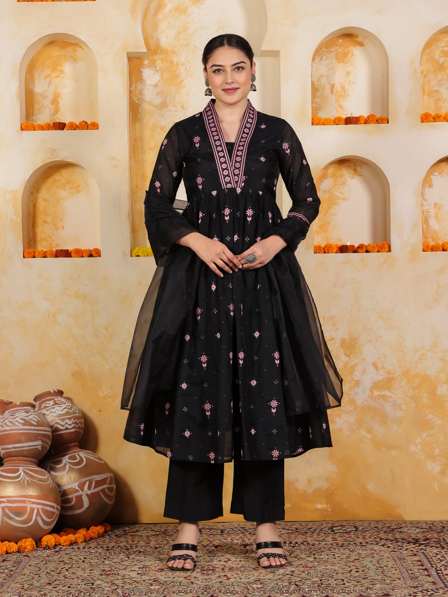 Poly Chanderi Geometric Anarkali Black Kurta