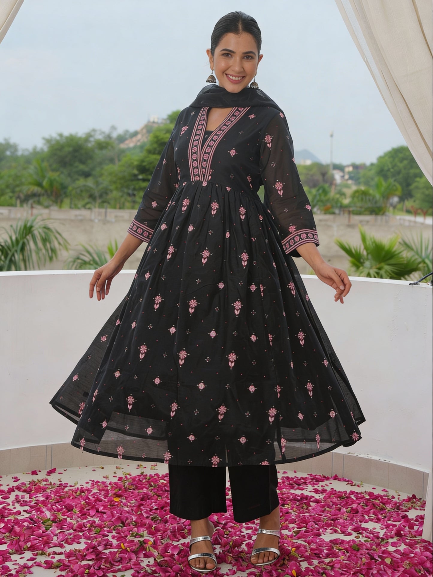 Chanderi Geometric Anarkali Black Kurta