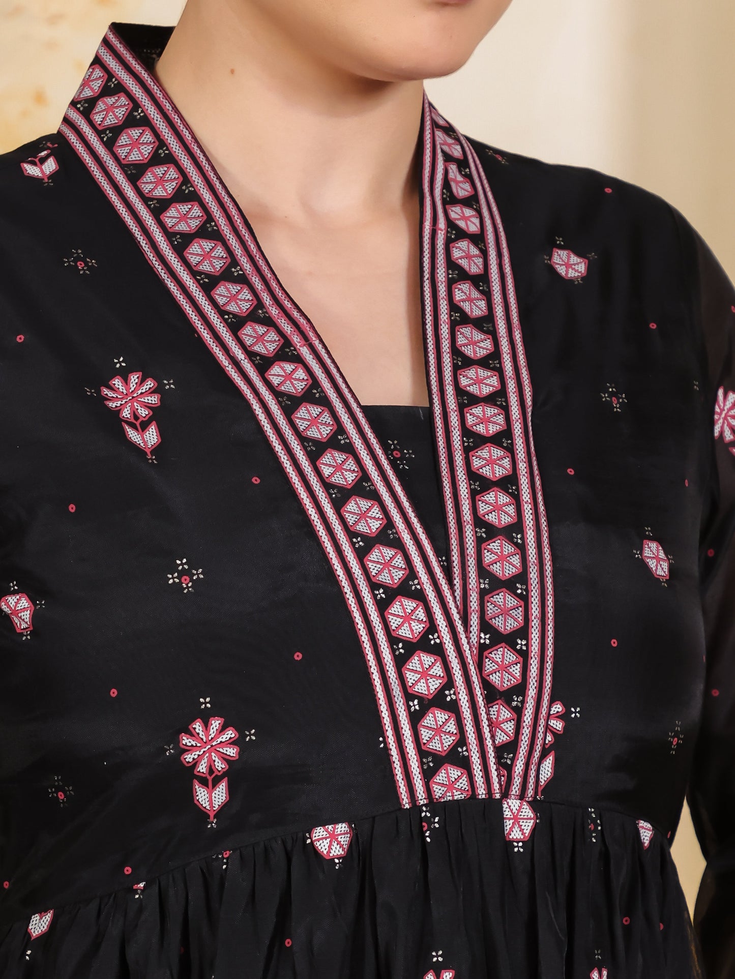 Poly Chanderi Geometric Anarkali Black Kurta
