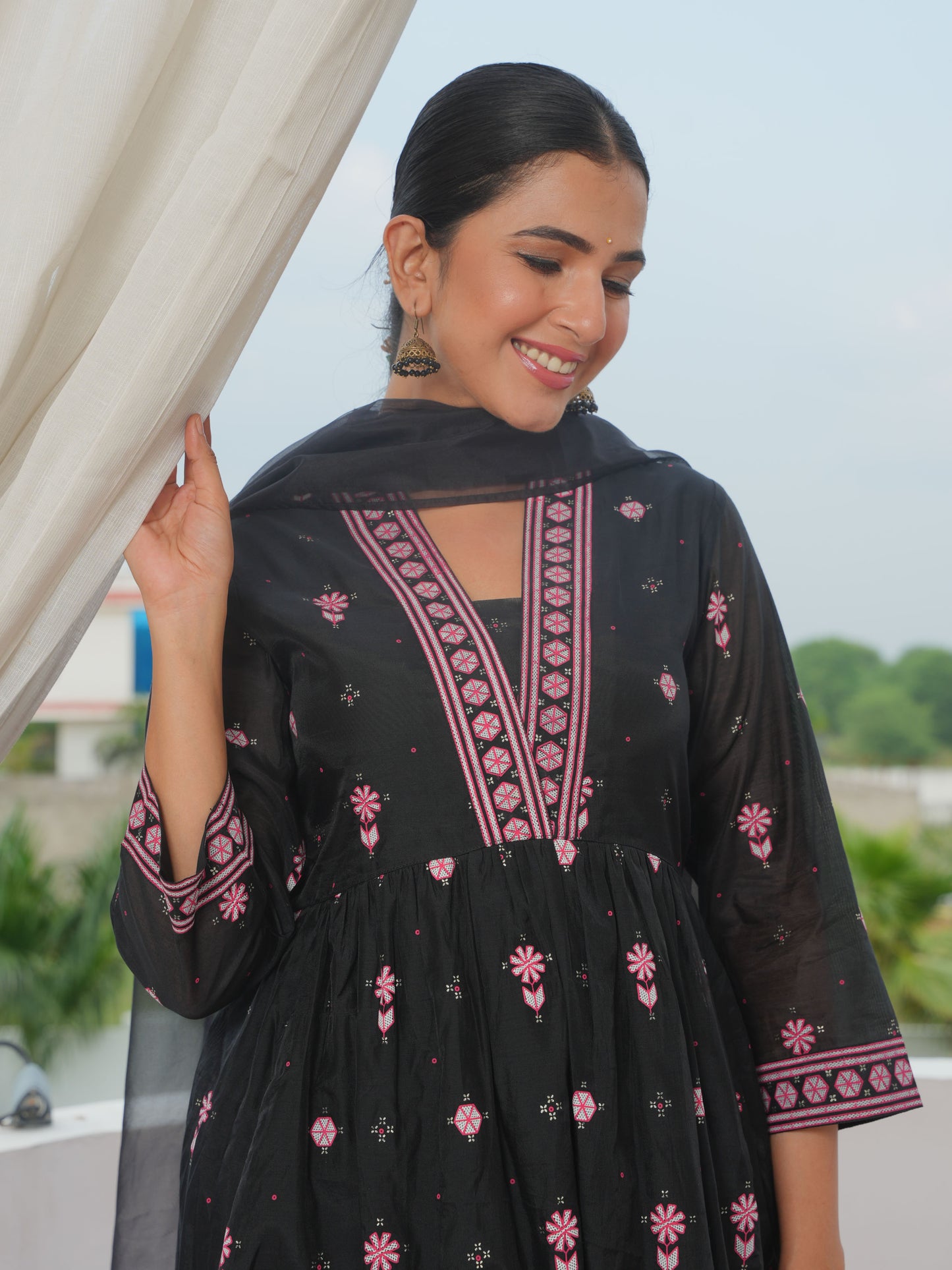 Chanderi Geometric Anarkali Black Kurta