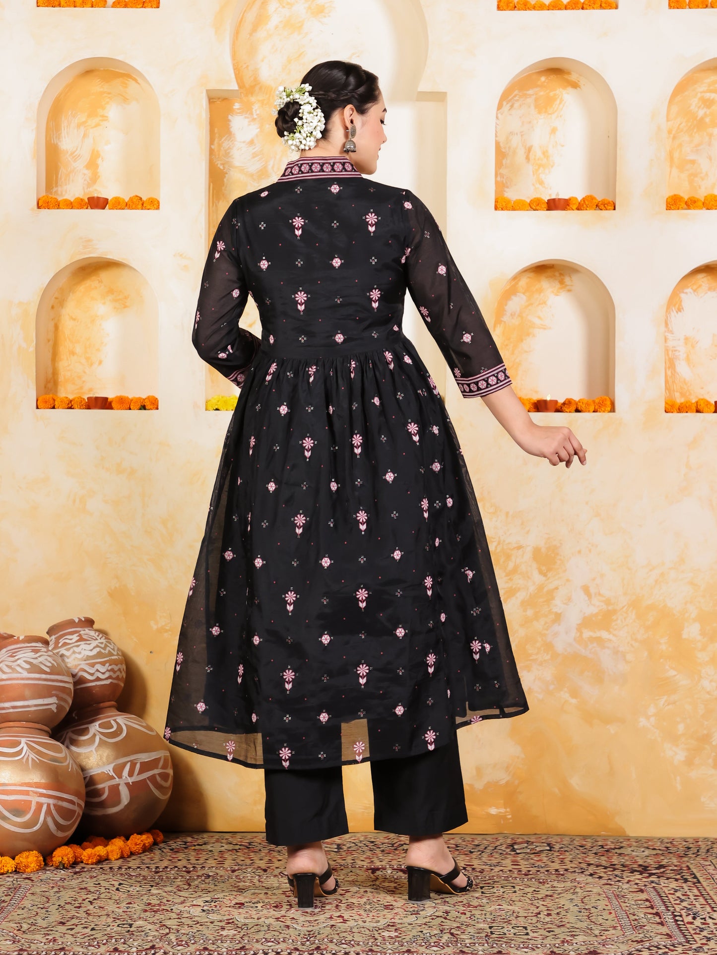 Poly Chanderi Geometric Anarkali Black Kurta