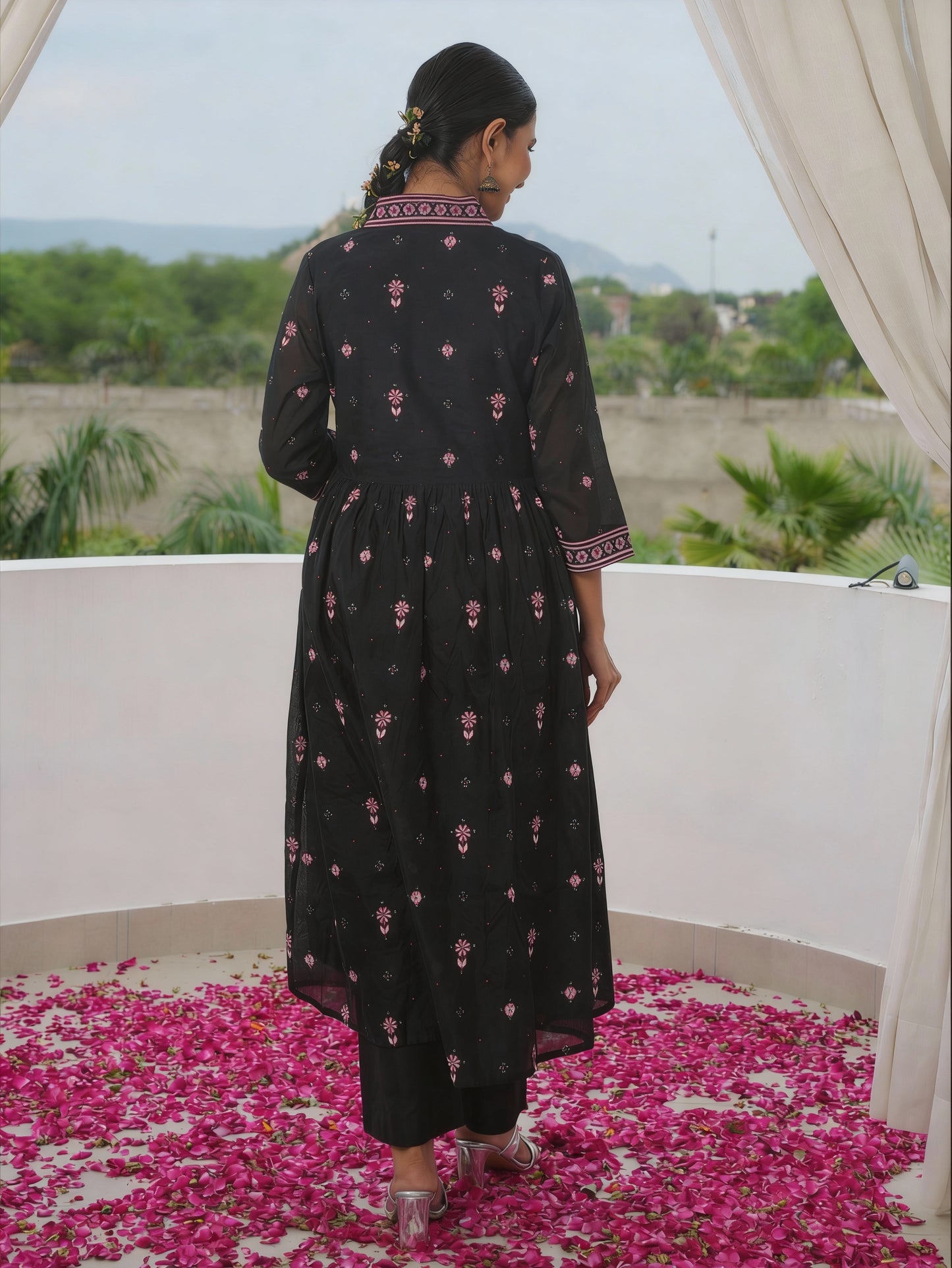 Chanderi Geometric Anarkali Black Kurta