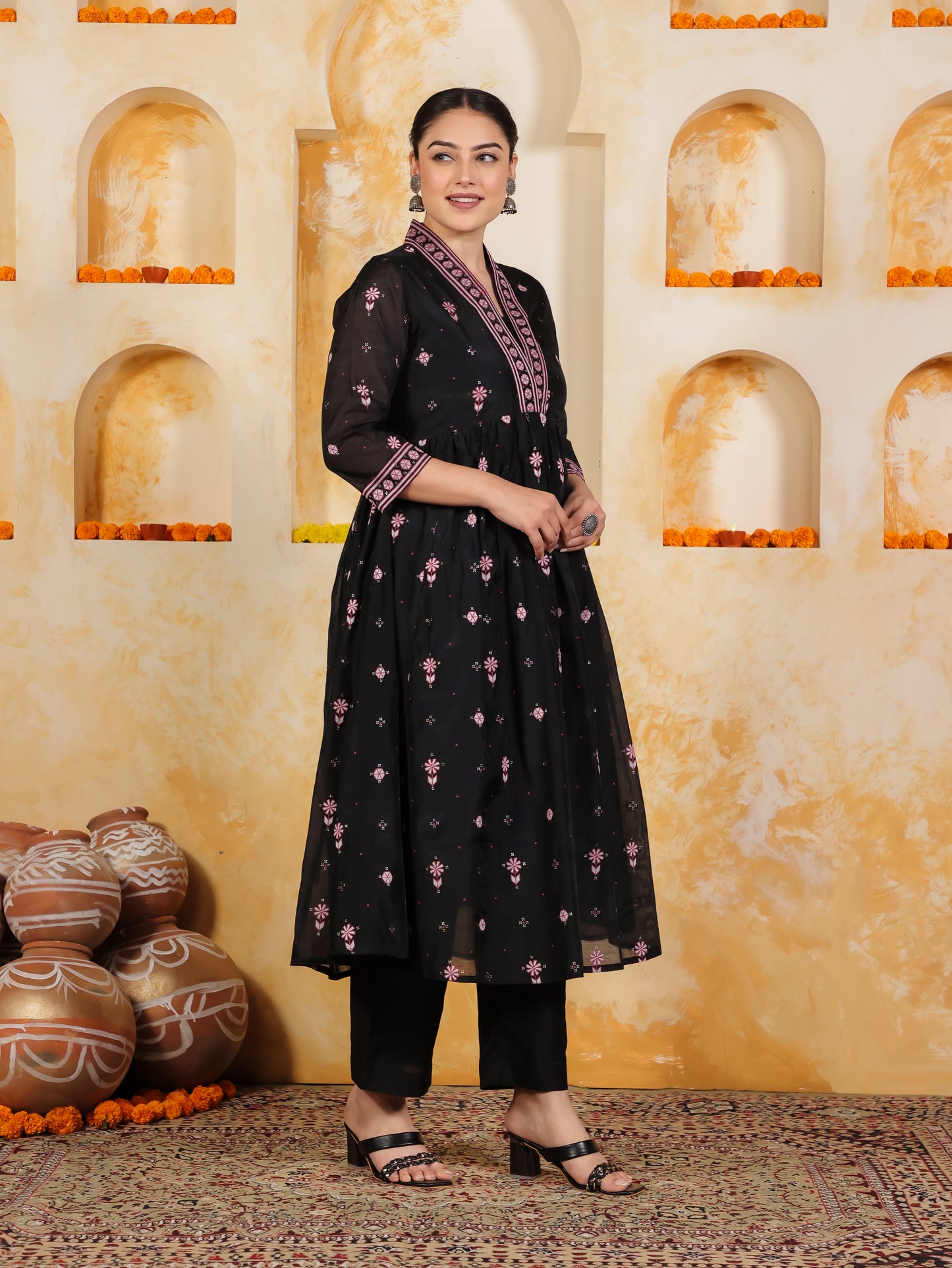 Poly Chanderi Geometric Anarkali Black Kurta