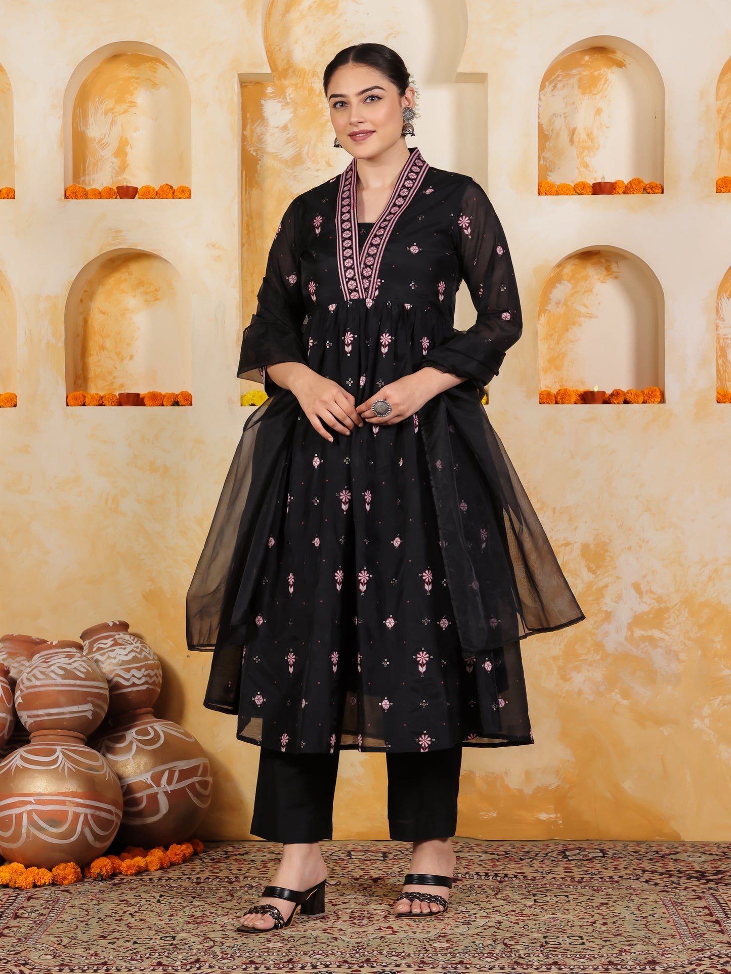 Poly Chanderi Geometric Anarkali Black Kurta
