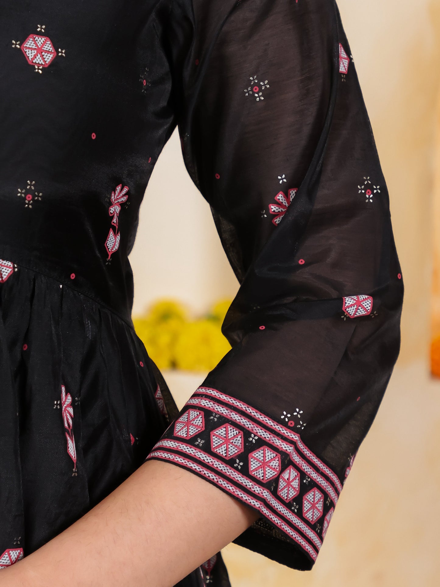 Poly Chanderi Geometric Anarkali Black Kurta