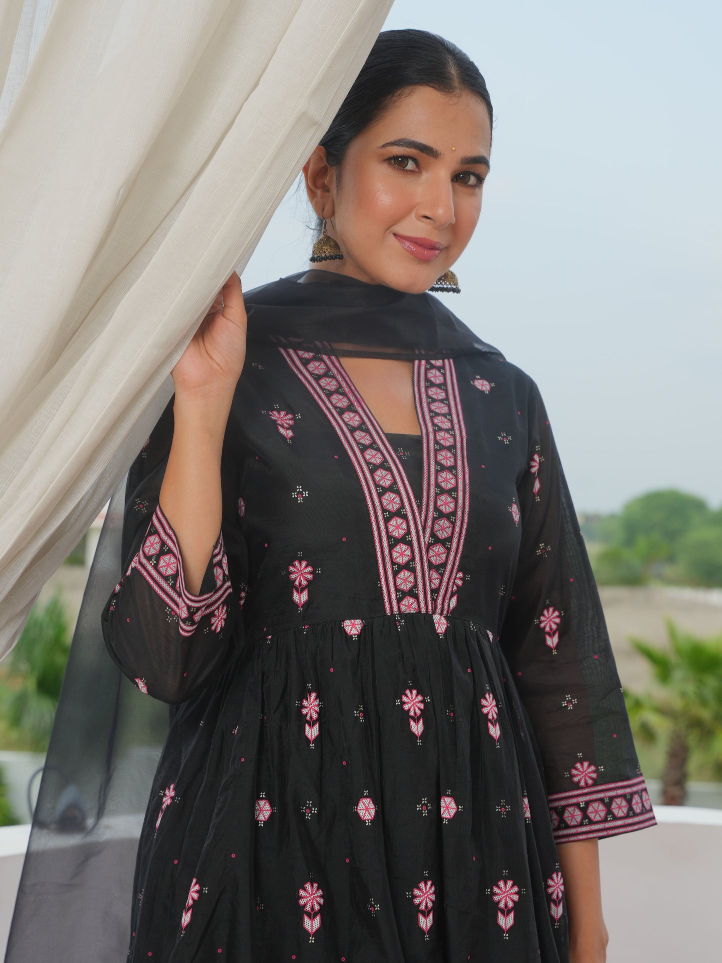 Chanderi Geometric Anarkali Black Kurta