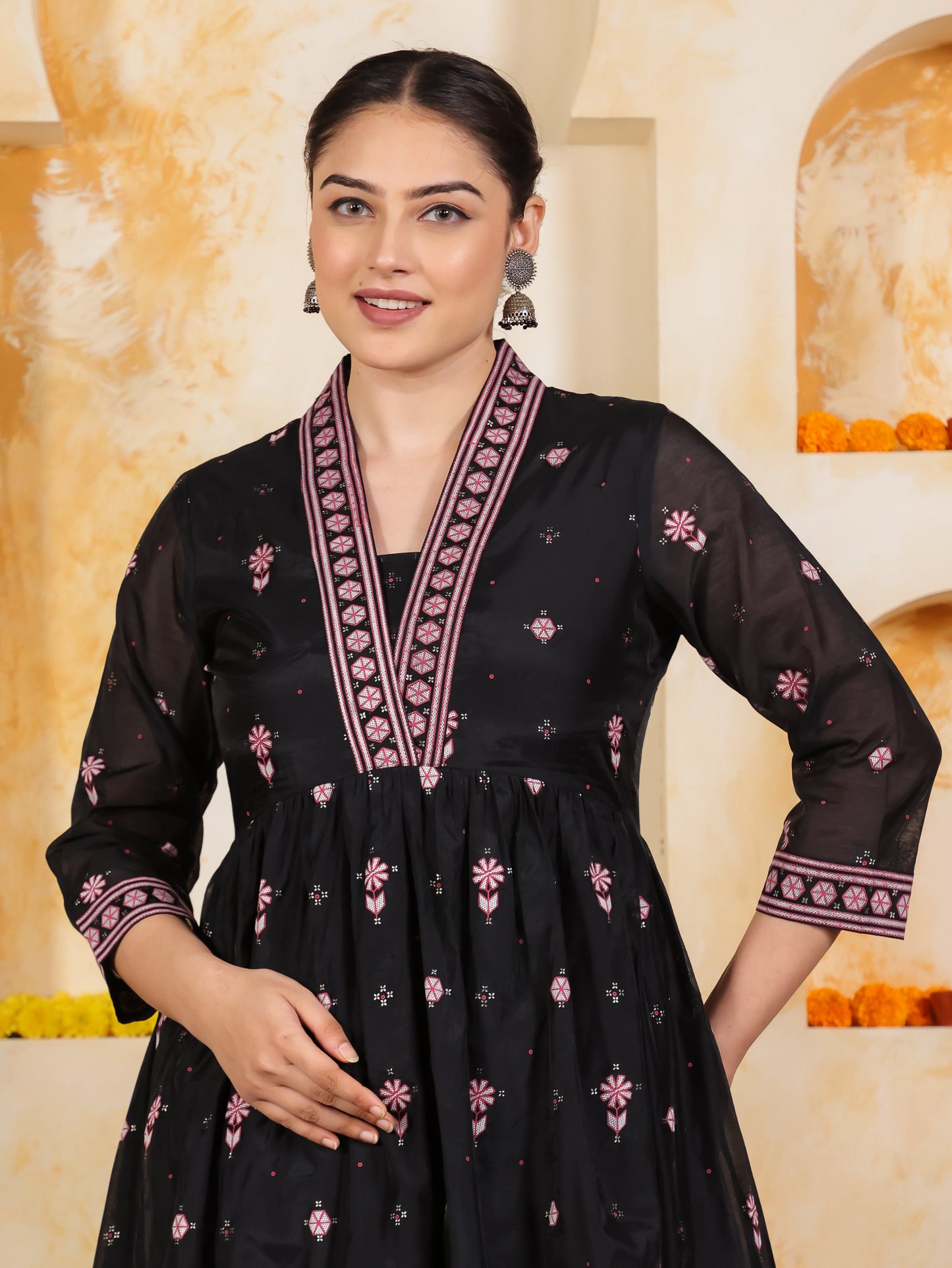 Poly Chanderi Geometric Anarkali Black Kurta