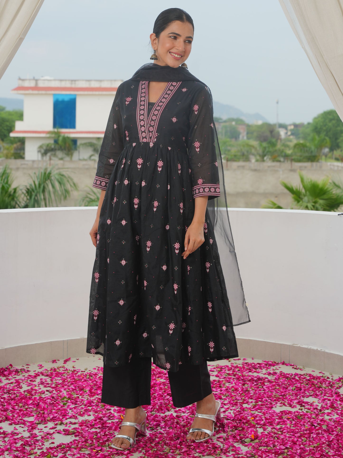Chanderi Geometric Anarkali Black Kurta