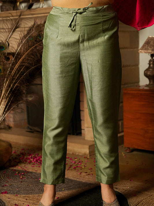 Embroidered Poly Silk Solid Mint Green Trousers