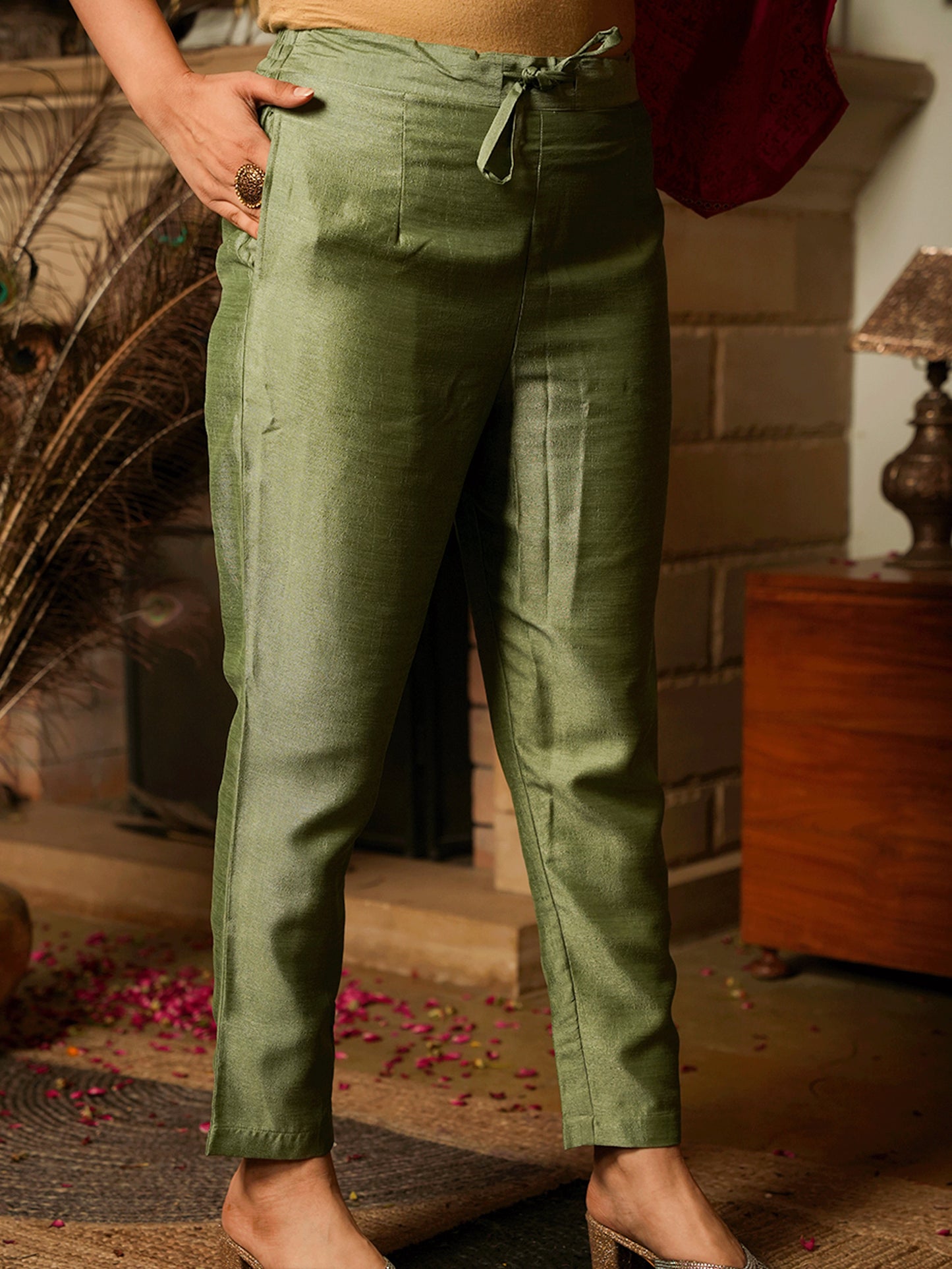 Embroidered Poly Silk Solid Mint Green Trousers