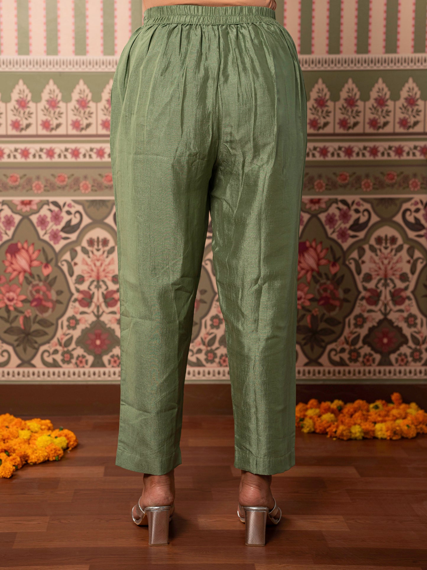 Embroidered Blended Silk Solid Mint Green Trousers