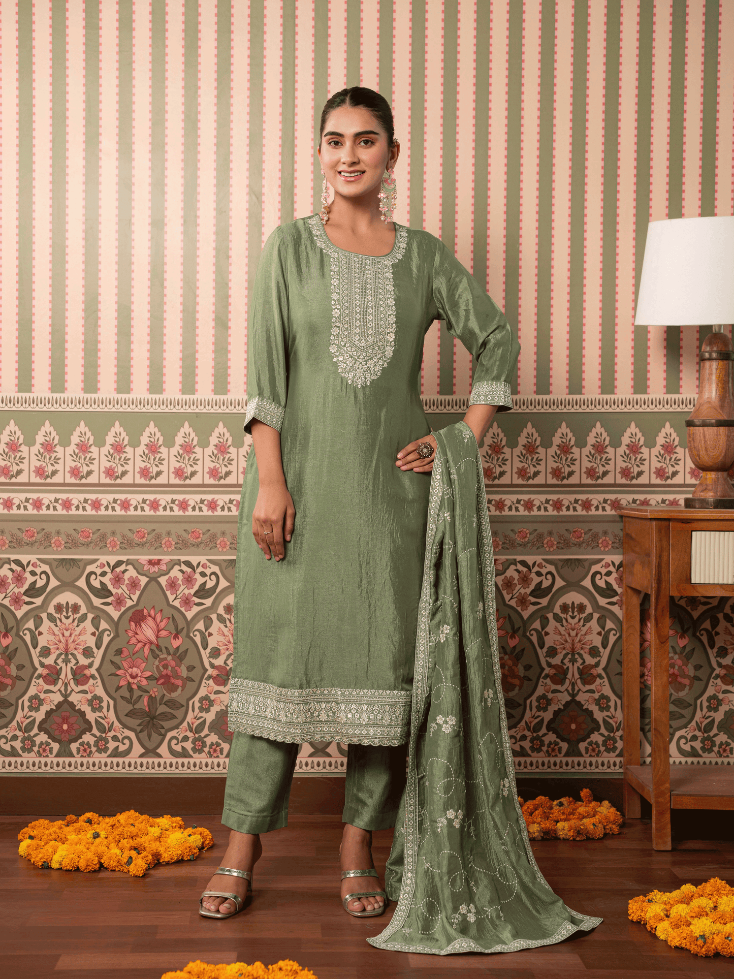 Embroidered Blended Silk Solid Mint Green Dupatta