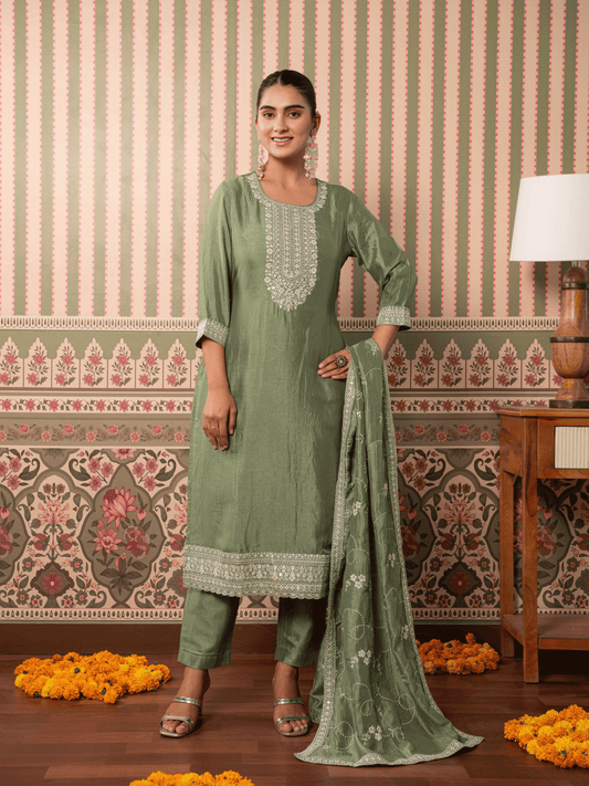 Embroidered Blended Silk Solid Mint Green Dupatta