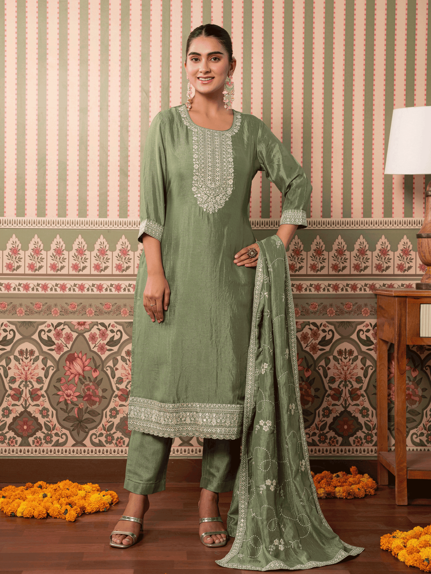 Embroidered Blended Silk Solid Mint Green Dupatta