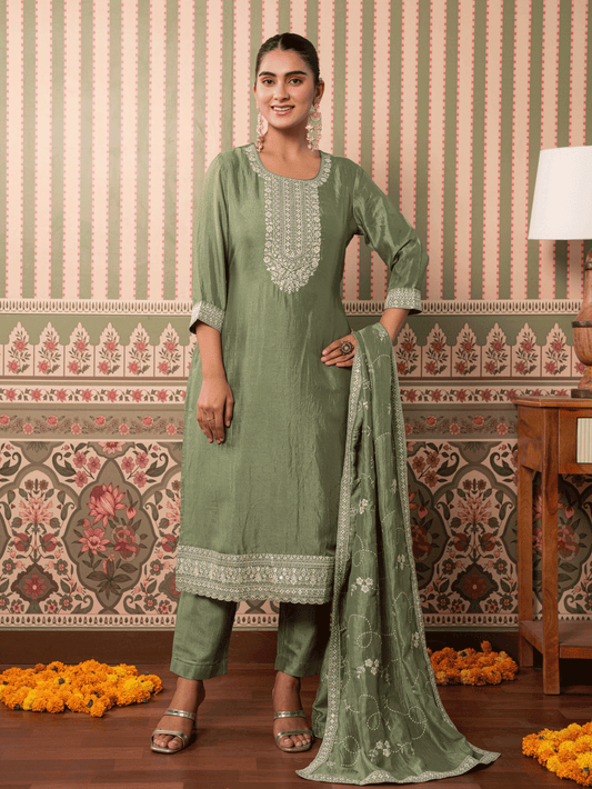 Embroidered Blended Silk Solid Mint Green Dupatta
