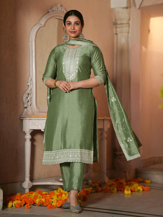 Embroidered Poly Silk Solid Mint Green Dupatta