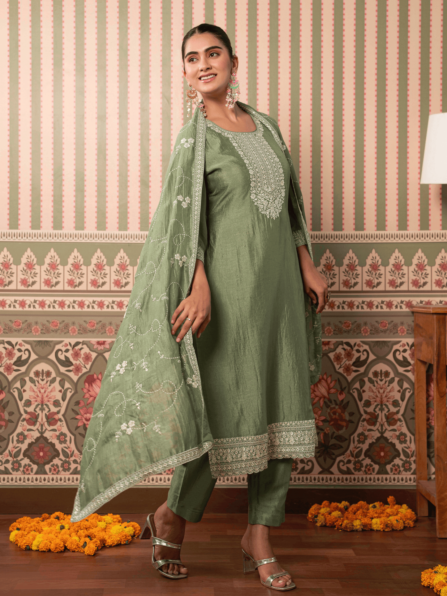Embroidered Blended Silk Solid Mint Green Dupatta