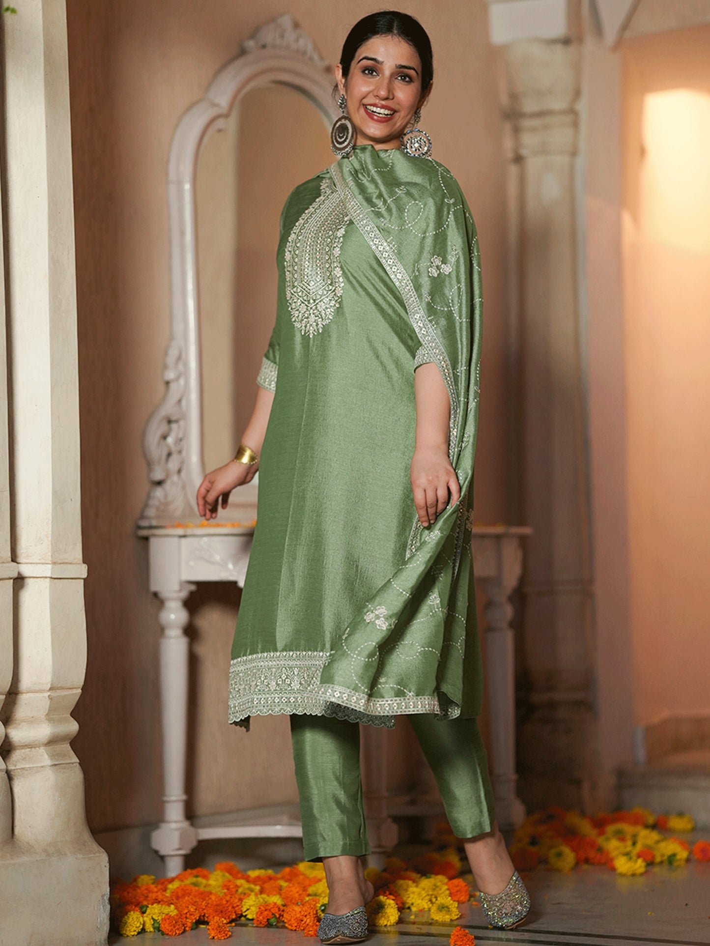 Embroidered Poly Silk Solid Mint Green Dupatta
