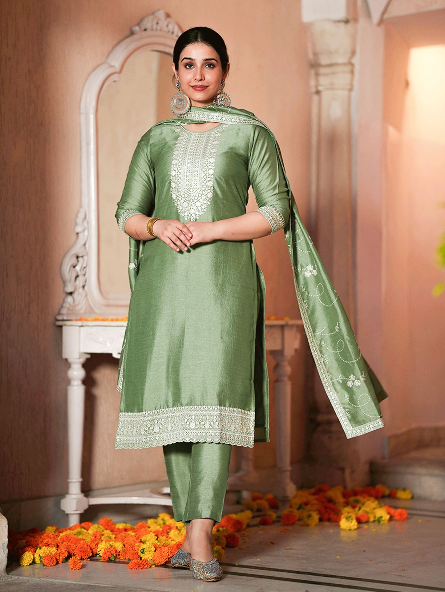 Embroidered Poly Silk Solid Mint Green Kurta