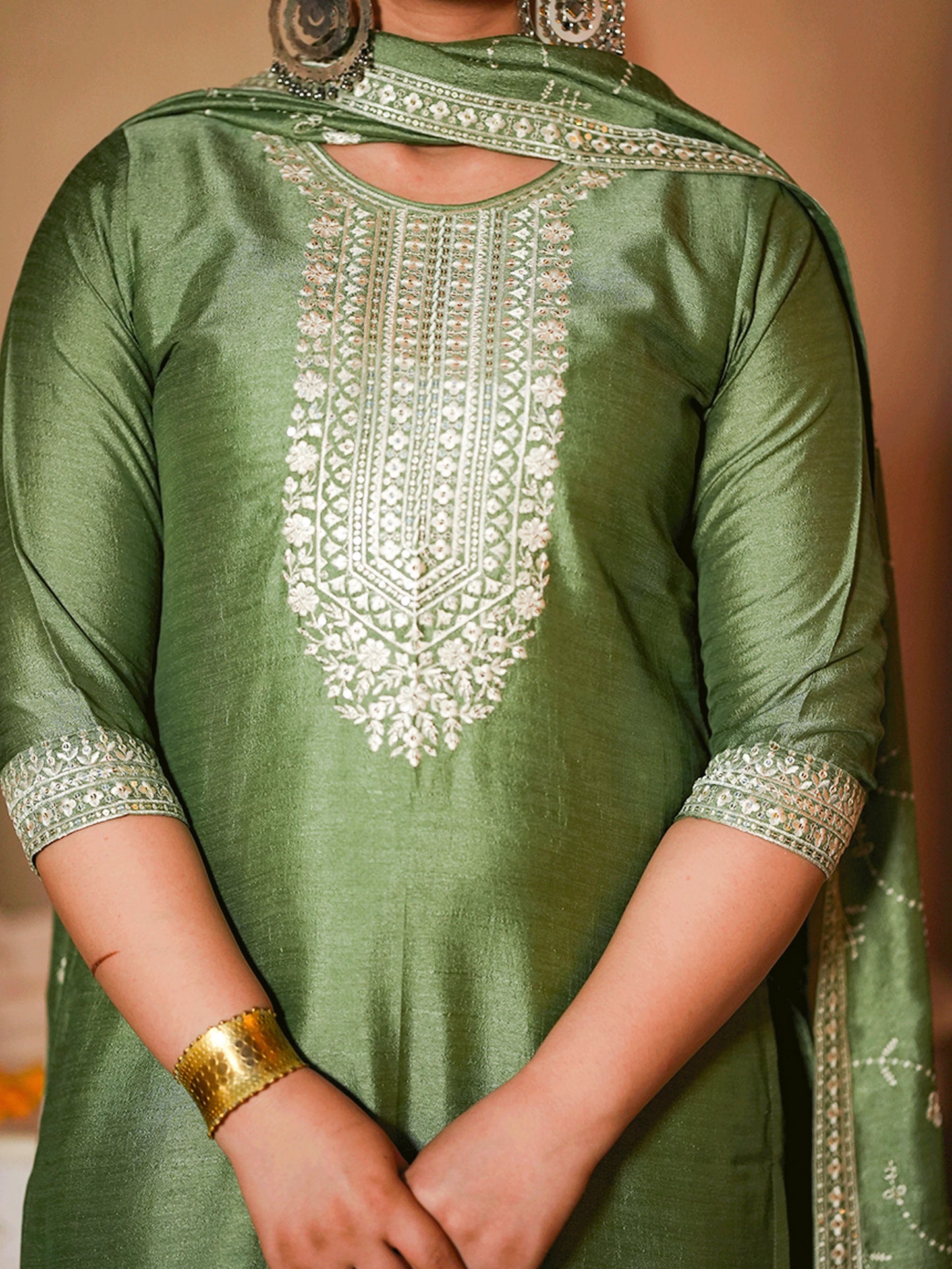 Embroidered Poly Silk Solid Mint Green Kurta