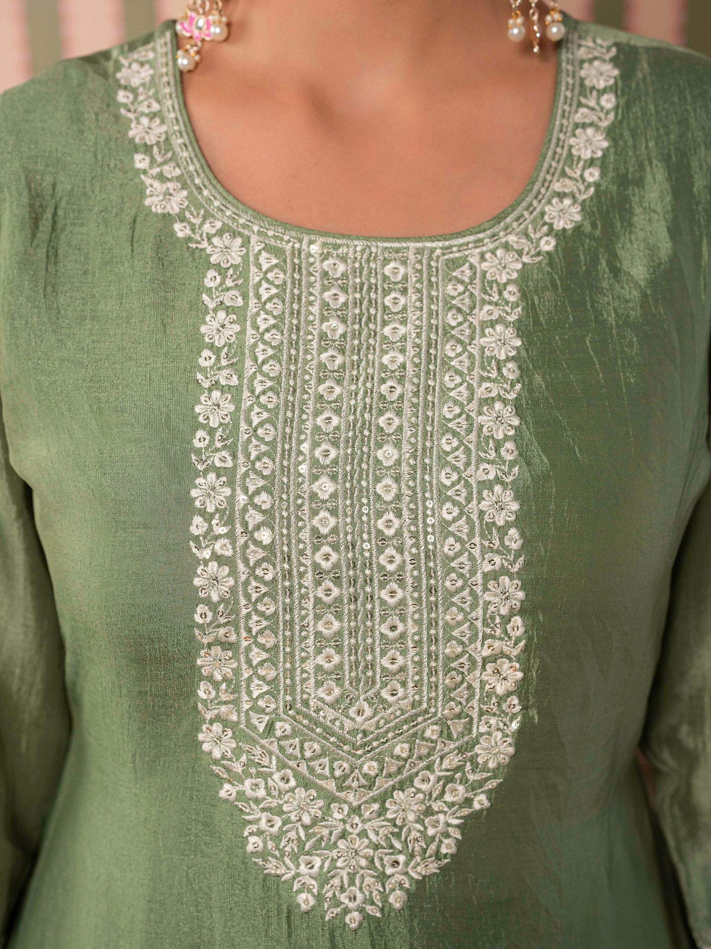Embroidered Blended Silk Solid Mint Green Straight Kurta
