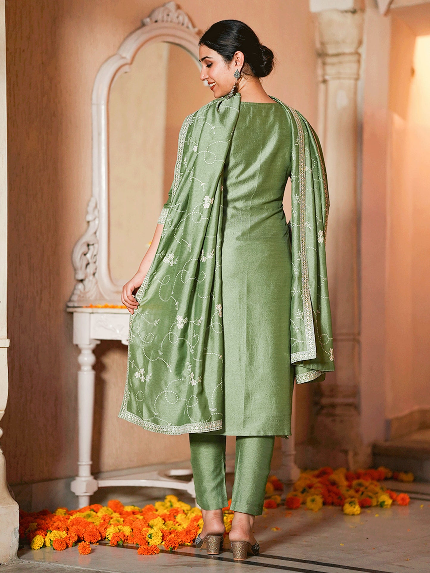 Embroidered Poly Silk Solid Mint Green Kurta