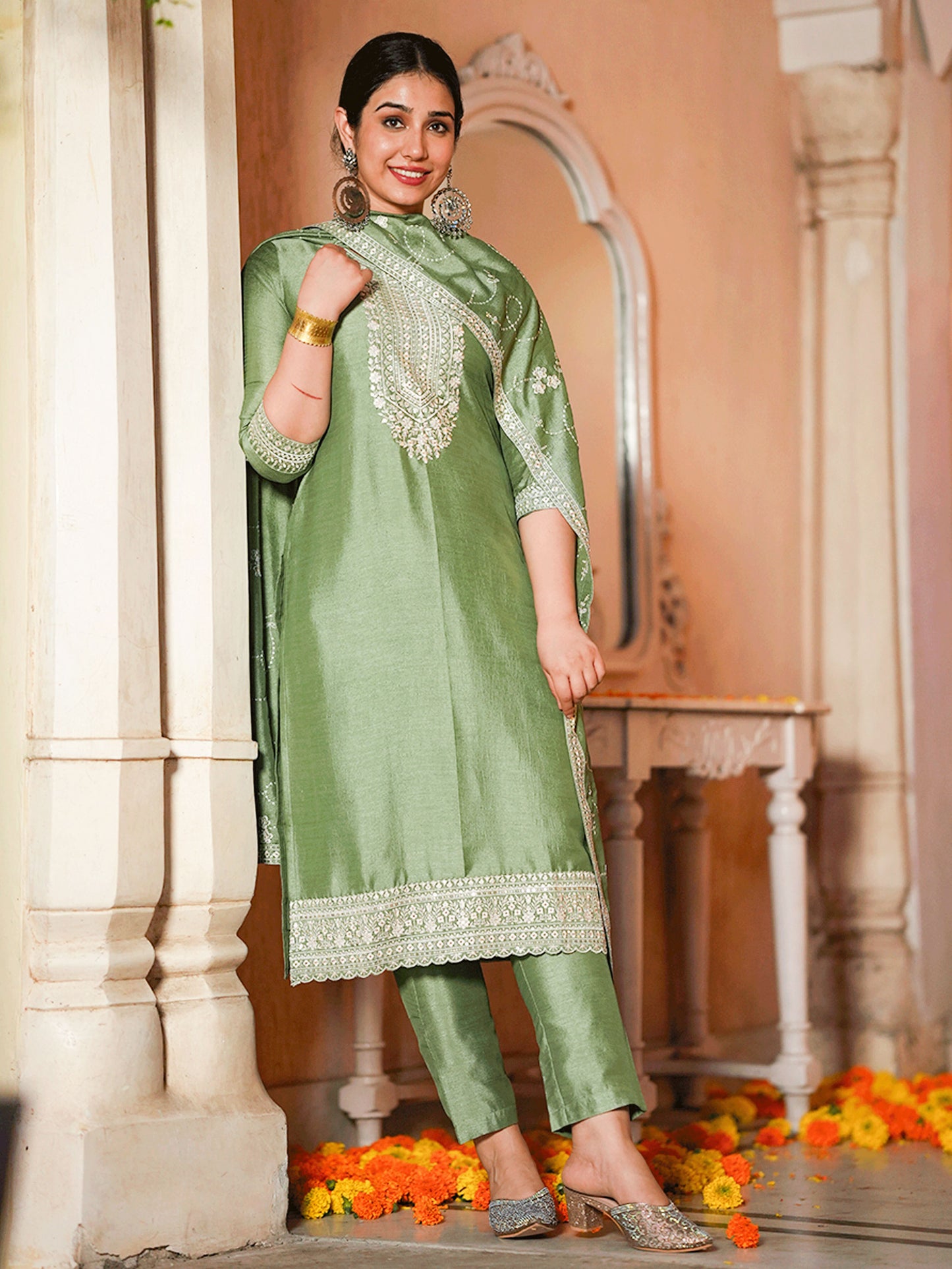 Embroidered Poly Silk Solid Mint Green Kurta