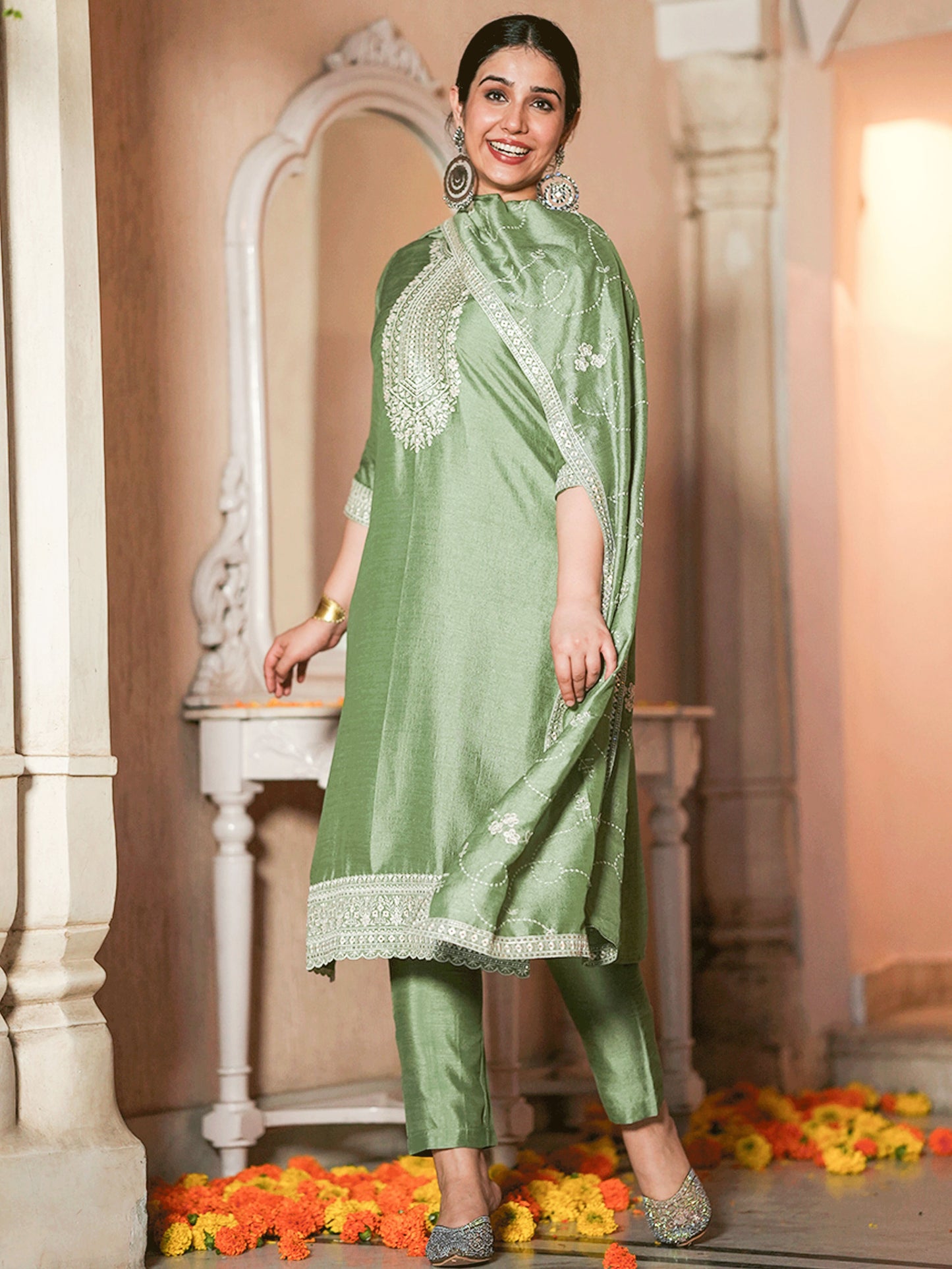 Embroidered Poly Silk Solid Mint Green Kurta