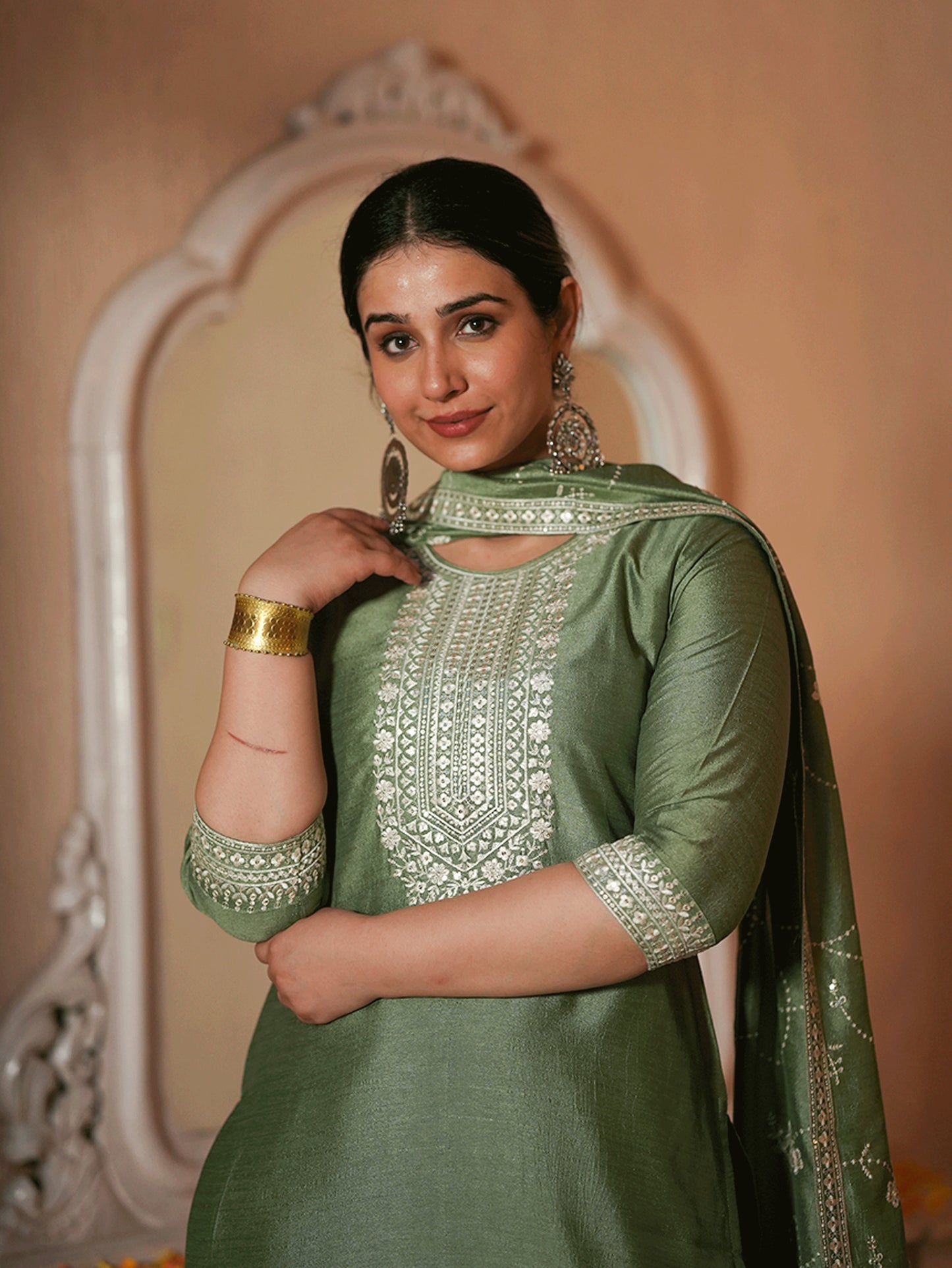 Embroidered Poly Silk Solid Mint Green Kurta
