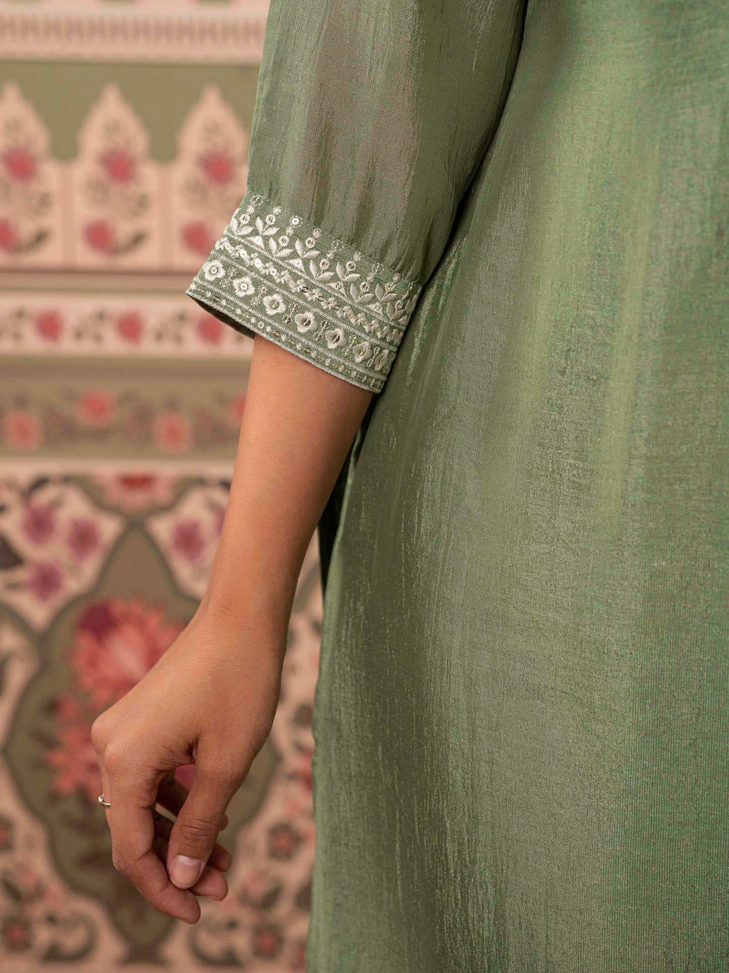 Embroidered Blended Silk Solid Mint Green Straight Kurta