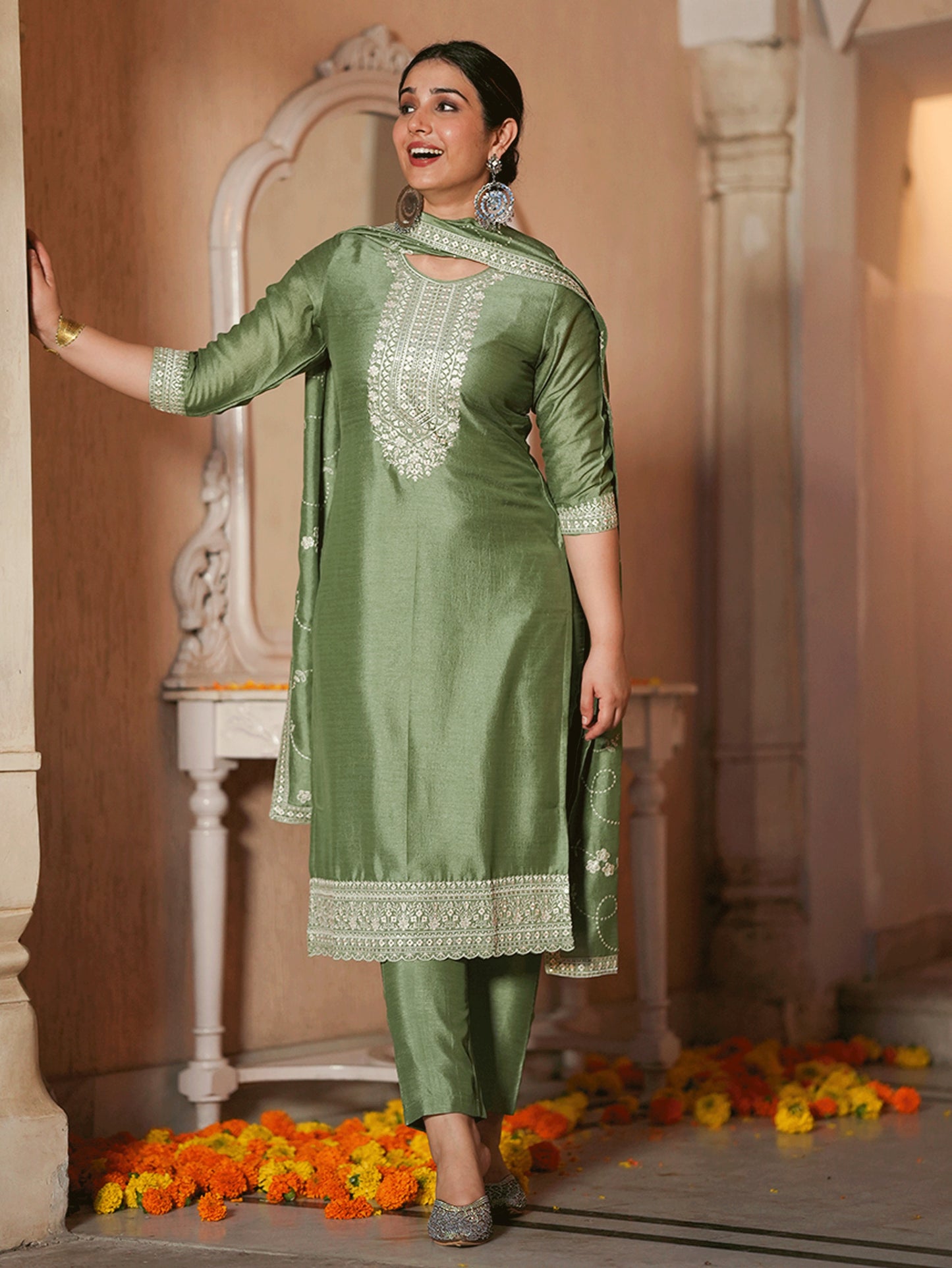 Embroidered Poly Silk Solid Mint Green Kurta