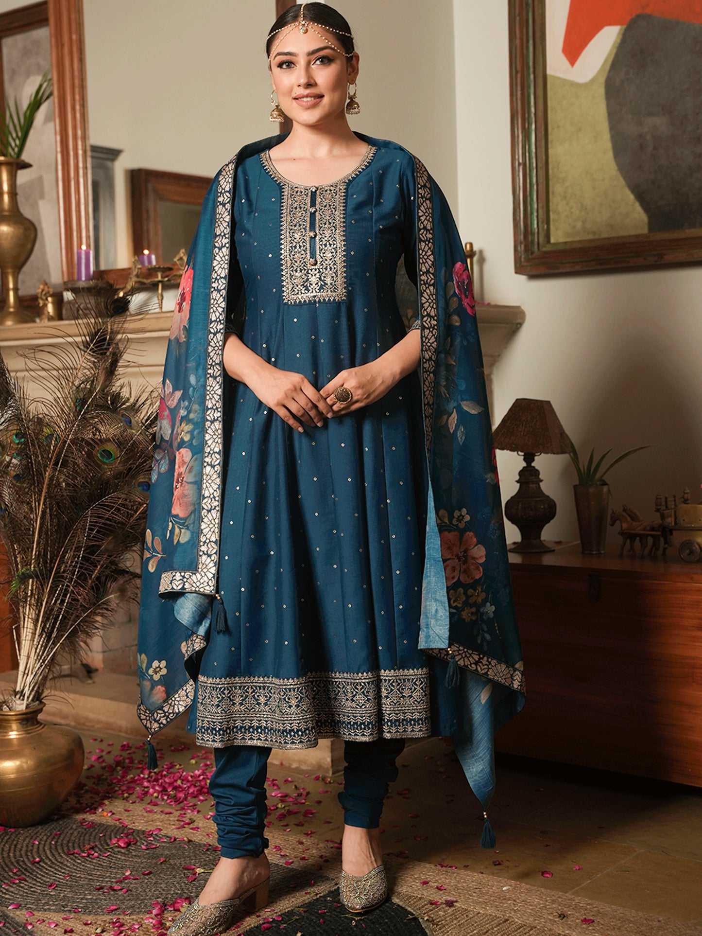 Embroidered Chiffon Gold Foil Straight Teal Kurta